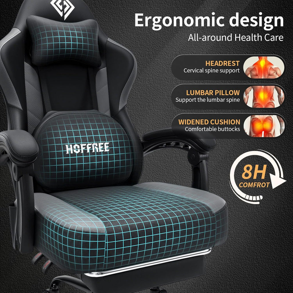 Gaming Chair with Shiatsu Kneading Massage Heated Computer Desk Chair Black | 155° Recliner with Footrest;Height