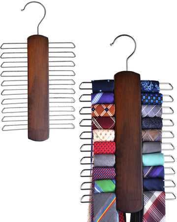2 Pack Premium Wooden Necktie and Belt Hanger, Walnut Wood Center Organizer and Storage Rack with a Non-Slip Finish