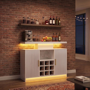 White Wine Cabinet, Fluted Coffee Bar with LED & Outlets