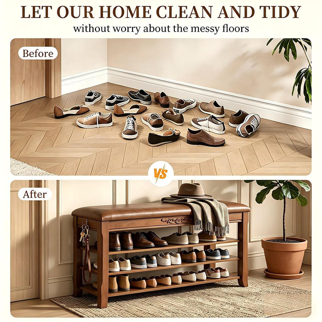 Shoe Rack Bench Entryway Storage with Leather Cushion, 31.5"