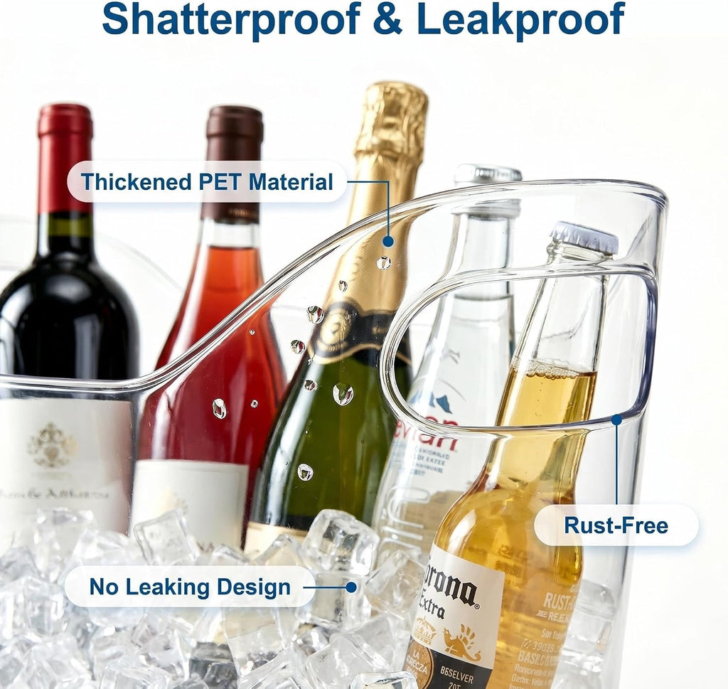 Extra Large 6.5L Clear Plastic Ice Bucket, 2 Pack Beverage Tubs with Scoops, for Champagne, Beer, Wine, Cocktails - Set of 2