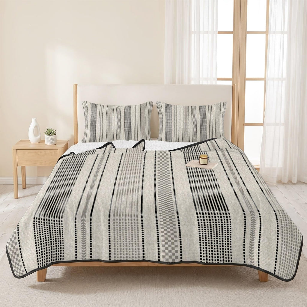 Vintage Striped Quilts Bedding Set Black Khaki Vertical Ticking Stripes French Country Lightweight Quilted