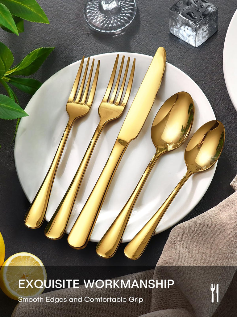 Gold Silverware Set, 30 Piece Flatware Set for 6, Mirror Polished Food-Grade Stainless Steel Cutlery Utensil Set