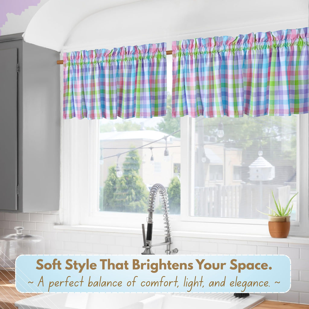 Gingham Window Kitchen Curtains, 2 Pack, Multicolor, 54x18 Inches, Rod Pocket, Semi Sheer, Decorative Valance Topper