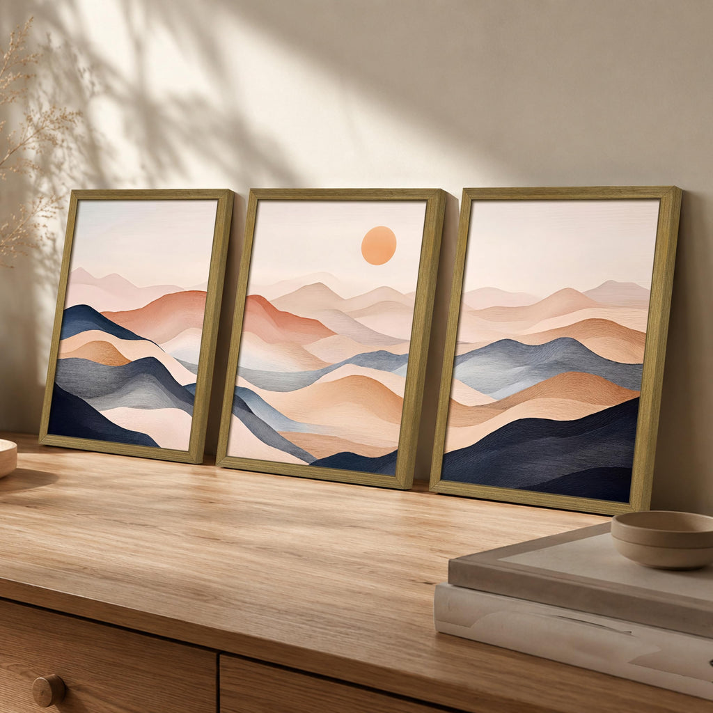 Vintage Abstract Mountain Wall Art Set of 3 Canvas, Neutral Desert Landscape Framed Poster, Retro Boho Painting for