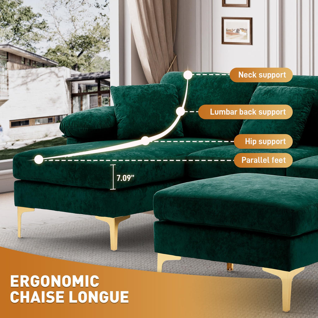 114" U-Shaped Sectional Couch with Ottoman, Emerald Green
