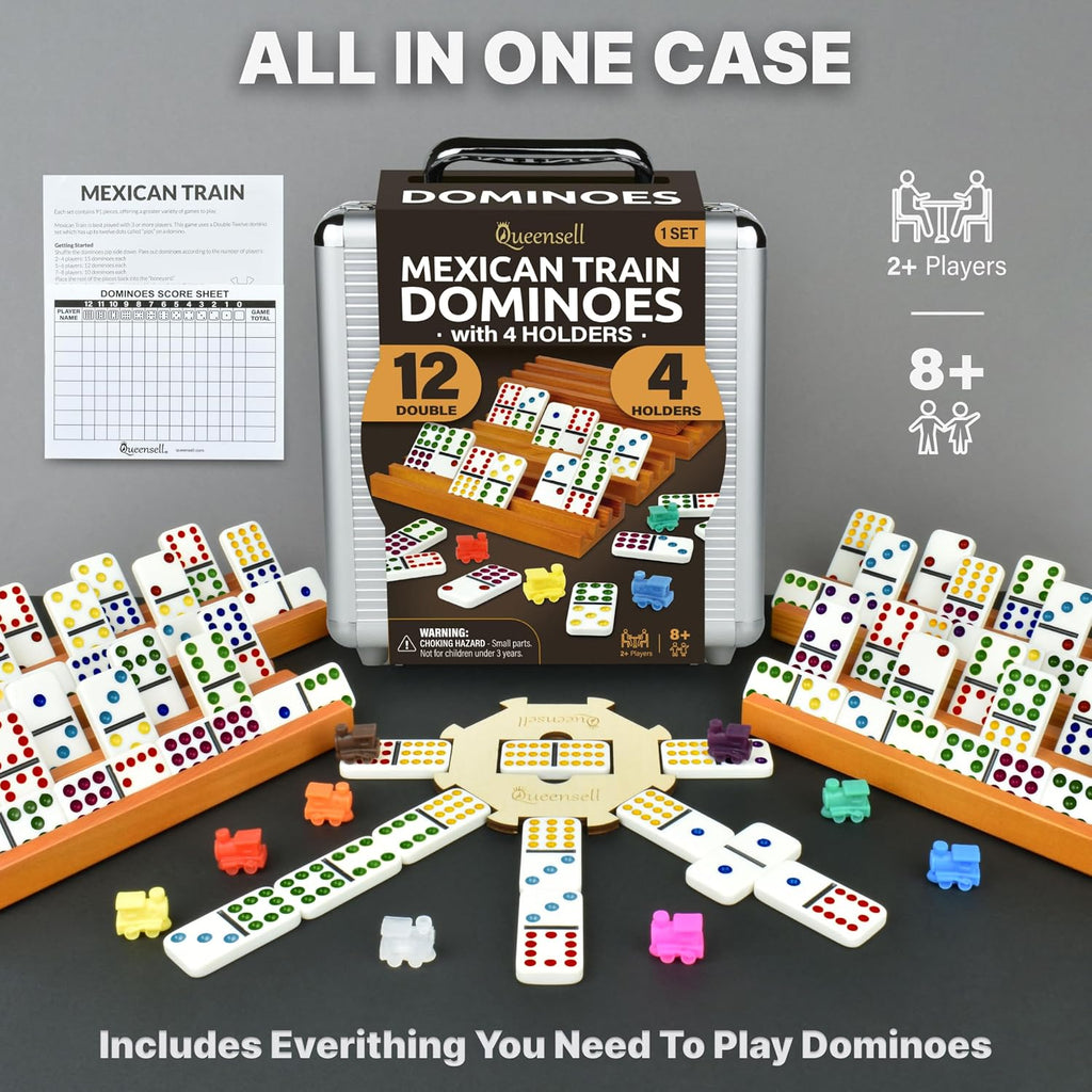 Mexican Train Dominoes Set with 4 Holders - Dominoes Double 12 with Wooden Hub and Tiles Holders - Double 12 Dominos