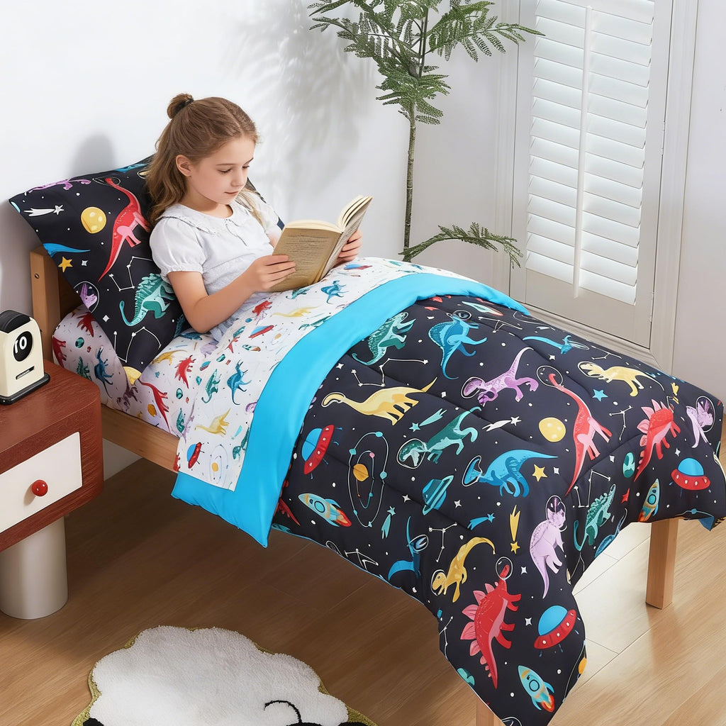 Toddler Bedding Set, Toddler Bed Comforter Sets for Girls, Toddler Bed Set, Space Dinosaur Printed