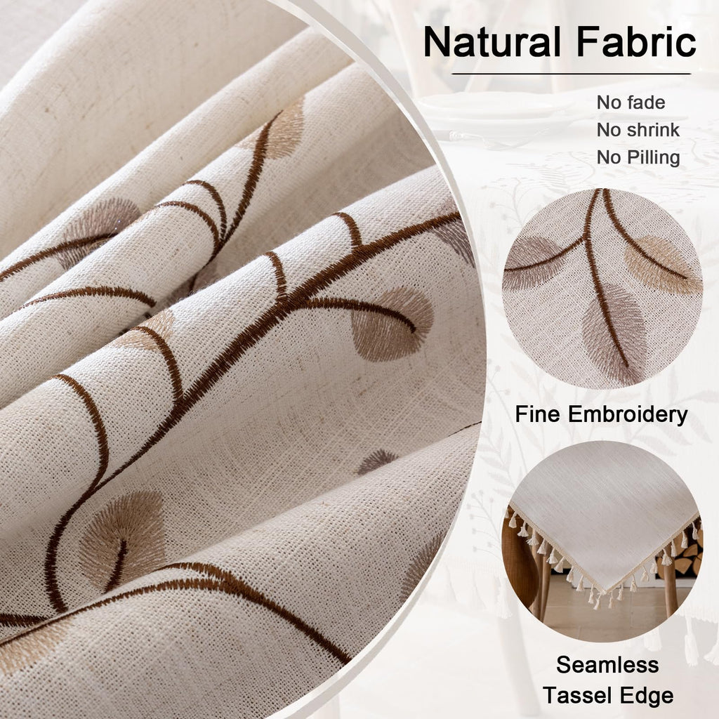 Rectangle Linen Tablecloth, Heavy Duty Waterproof Tablecloths, Farmhouse Embroidery Leaves Table Cloth with Tassels