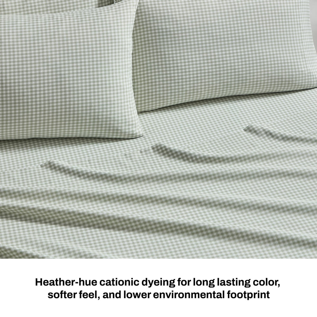 King Sheet Set - 6-Piece Heather-Hue Gingham Bed Sheets - Sage Green