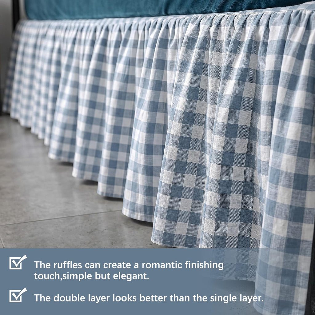 Blue White Gingham Bed Skirt Queen Size 16" Drop Pleated
