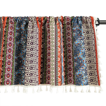 Boho Semi Blackout Kitchen Valances, Striped Geo Pattern Decorative Window Treatments with Tassel, 1 Panel Rod Pocket