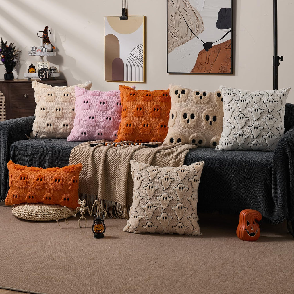 Halloween Pillow Covers 16x16 inch Set of 2 Pink Ghost Throw Pillow Cases Soft Plush Faux Fur Wool Couch Cushion Case