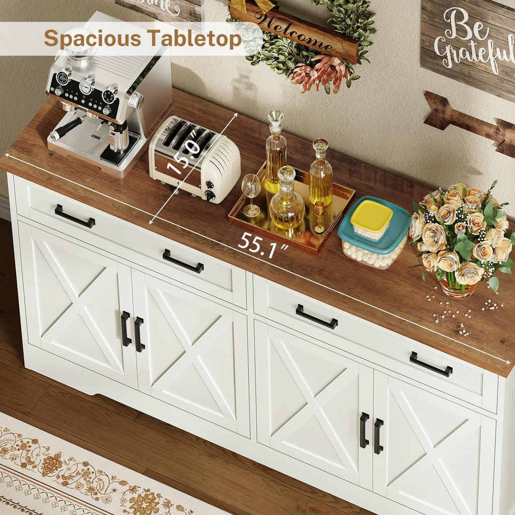 55''W Buffet Cabinet with Storage, Sideboard Cabinet with 2 Drawers & 2 Adjustable Shelves, Farmhouse Coffee Bar