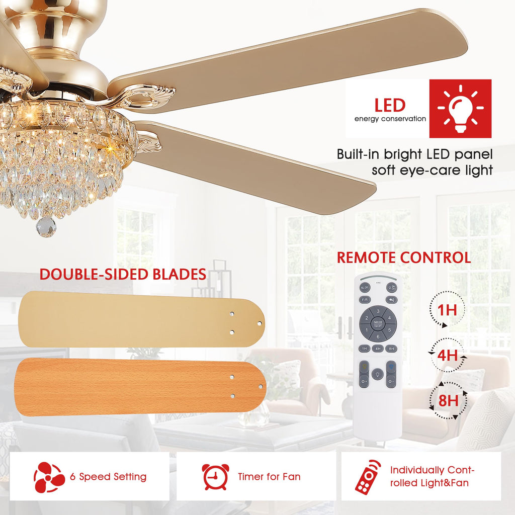 Crystal Ceiling Fan Fandelier with Lights-Modern Ceiling Fan(52" Gold)