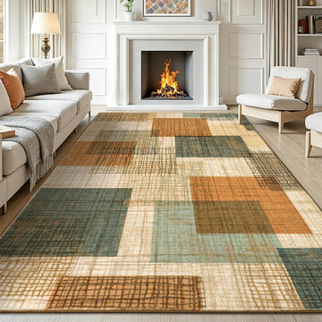 Washable Area Rug Modern Geometric Patchwork Orange