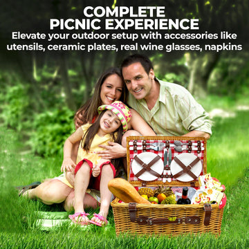 Basket, Wicker Basket with Handle for Outdoors, Insulated Woven Basket, Includes a Service Kit of Dinnerware & Wine