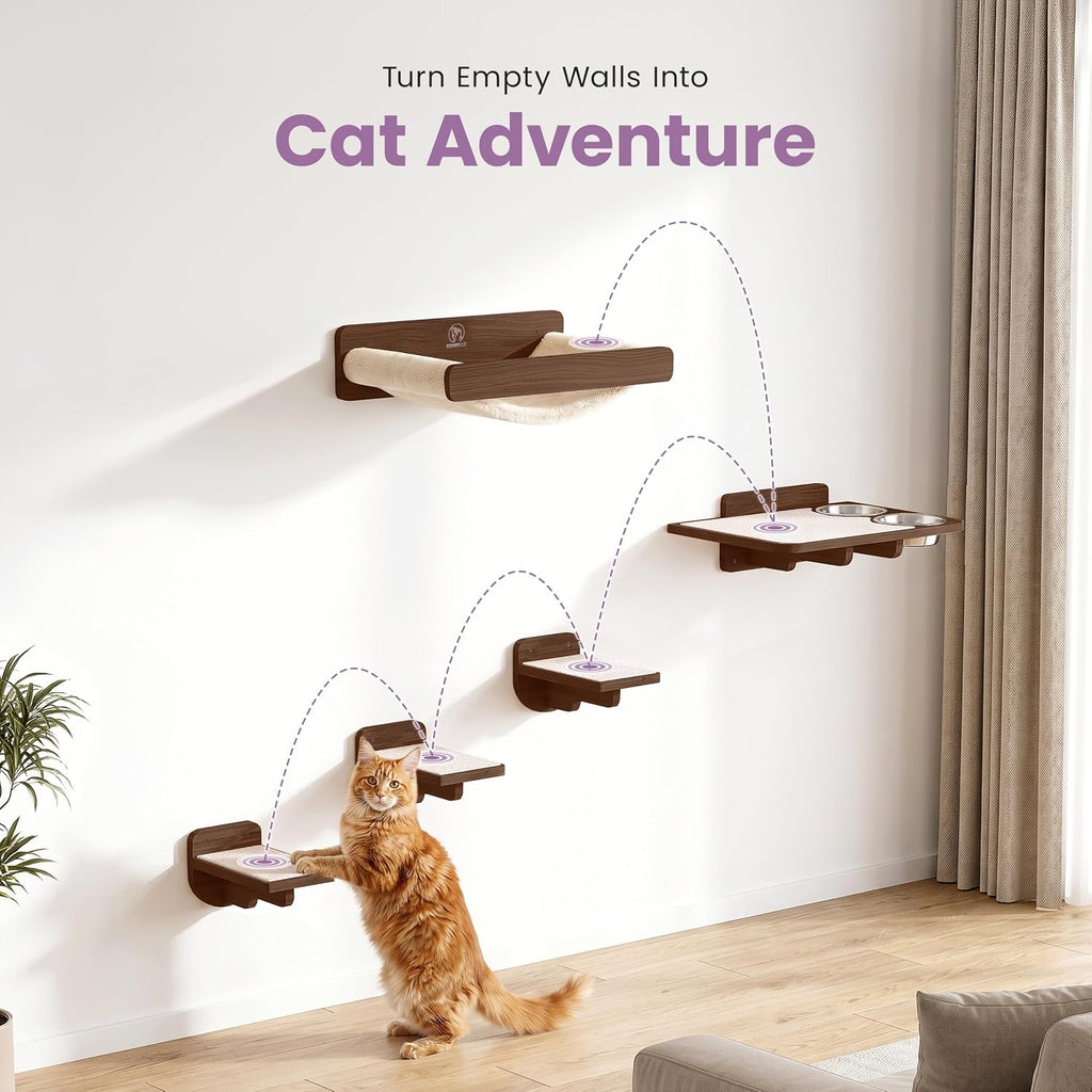 Cat Wall Shelves - Wall Mounted Cat Shelves with Feeding Station