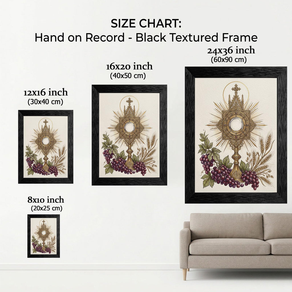 Framed Religious Wall Art - Sacred Monstrance and Eucharist with Grapes and Wheat - Devotional Catholic Decor in