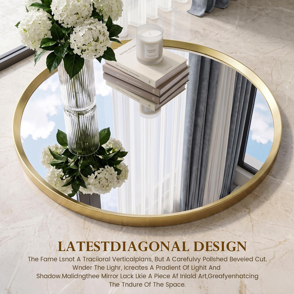 36 inch Brushed Gold Round Bathroom Mirror, Large Circle Mirror