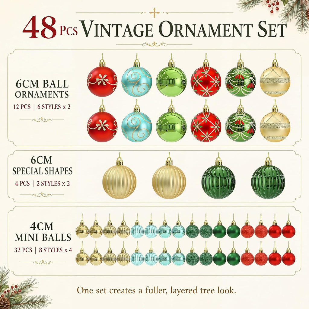 Christmas Ball Ornaments 1.6'' 2.4'' Red Gold Green Blue - Set of 48