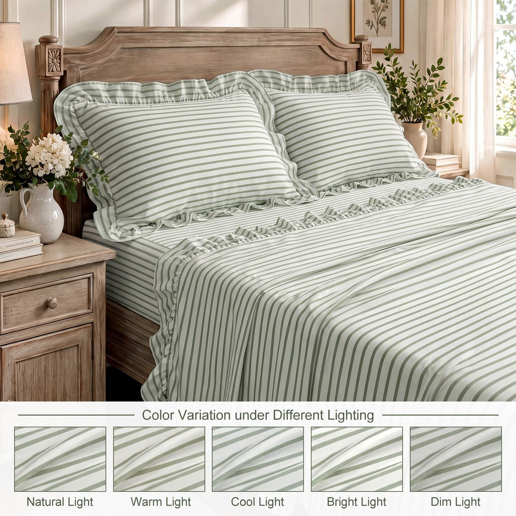 Sage Green Striped Ruffle Sheets Set, Farmhouse Cottage