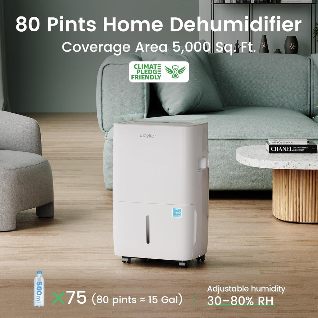 80 Pints Energy Star Dehumidifier for Spaces up to 5,000 Sq. Ft at Home