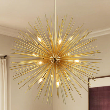 24" Gold Sputnik Chandelier 9-Light, Mid Century Modern Starburst Ceiling Light with Adjustable Chain, Industrial