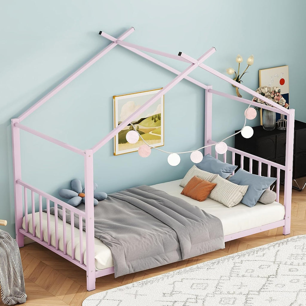 Kids Montessori Floor Bed, House Bed Frame with High Headboard, Floor Bed with Roof for Boys Girls, Floor Bed