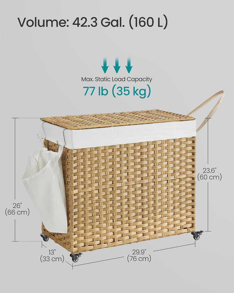 Laundry Hamper with Lid, 42.3 Gallons (160 L), Rolling Laundry Basket with Wheels, 3-Section Synthetic Rattan