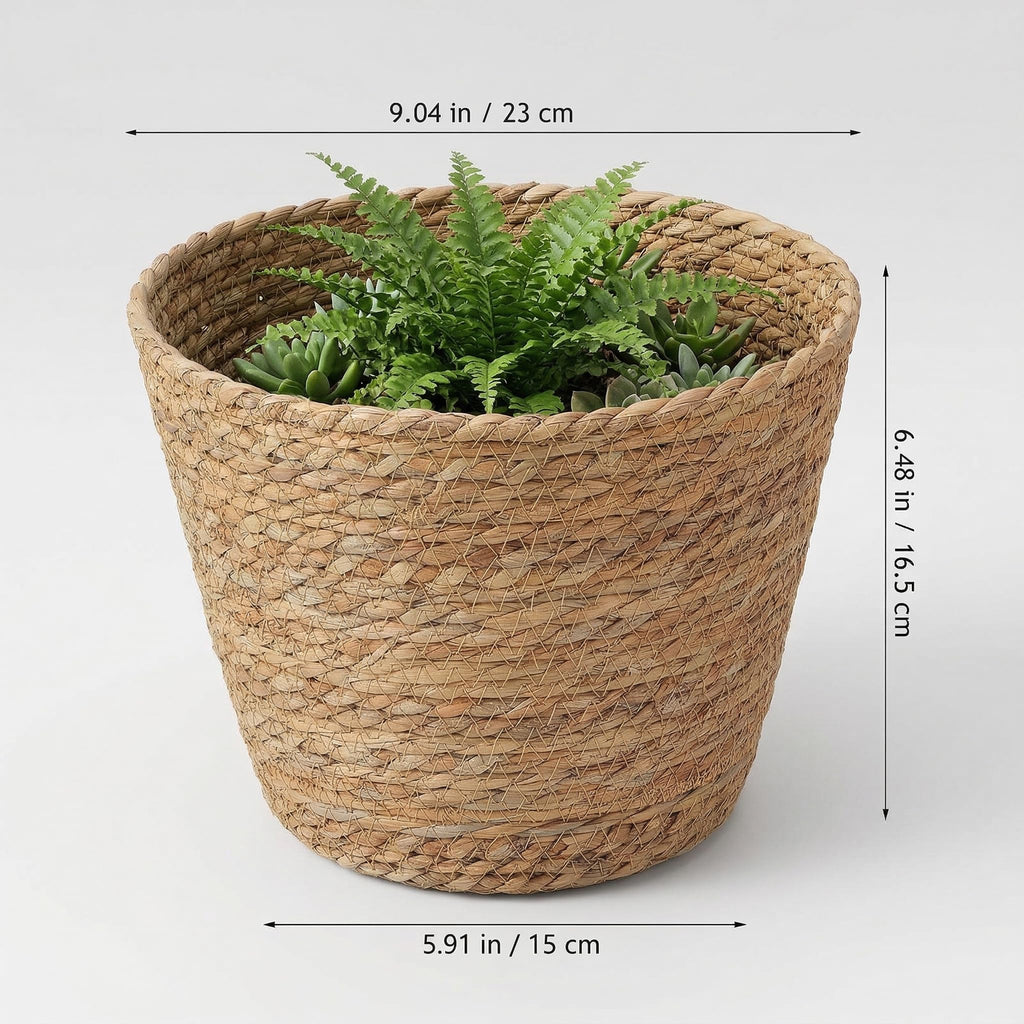 2Pcs Woven Plant Baskets with Liners Round Rattan Seagrass Planter