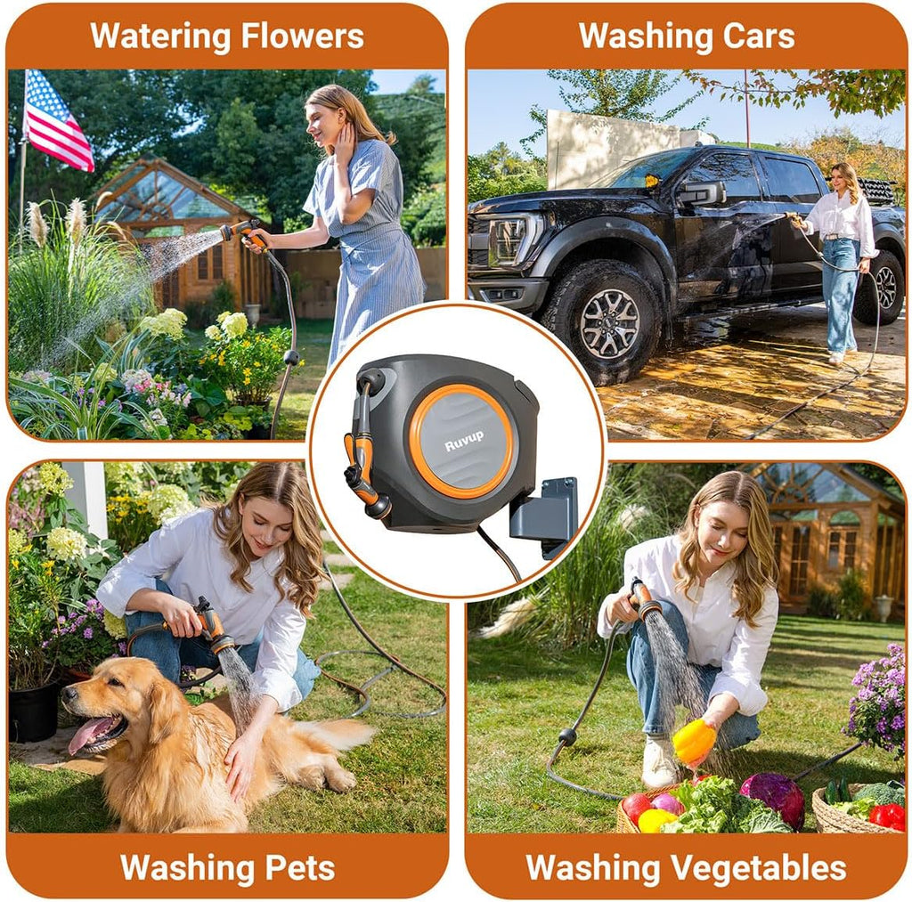 Garden Hose Reel 1/2"x150ft Retractable Water Hose With Metal Bracket | Automatic Rewind, Slow Auto Retraction, Wall