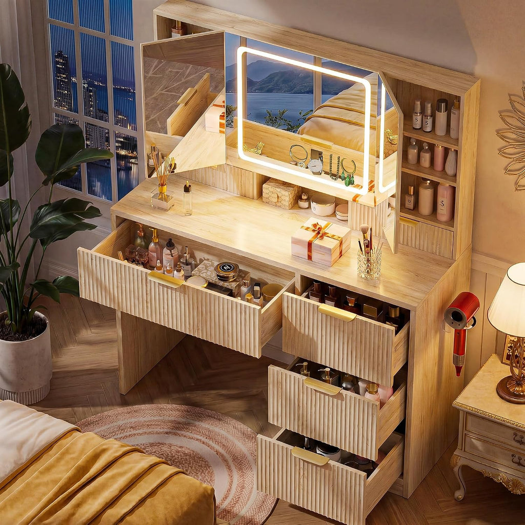 Vanity Desk with 3-Way Mirror and Lights, Makeup Vanity with 360° View Mirror, 3 Lighting Modes, 6 Drawers,Storage