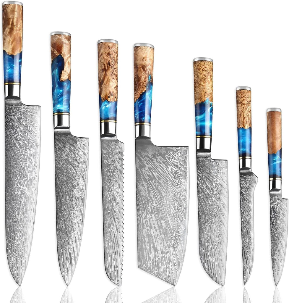 7-Piece Damascus Kitchen Knife Set - Tsunami Collection - 67-Layer Japanese VG10 Steel - Chef's Knife, Cleaver