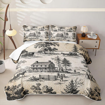 Vintage Country Town Quilt ∣ French Countryside Quilt Set Rustic Farmhouse Quilted Bedspread Carriage Trees