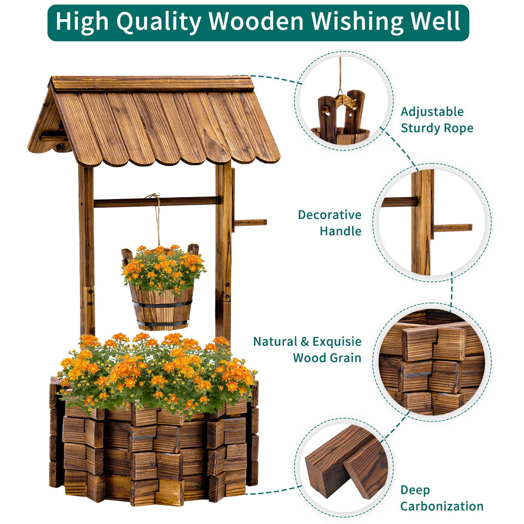 Rustic Solid Fir Wood Wishing Well Planter for Outdoor Plants, 16.5 in Diameter