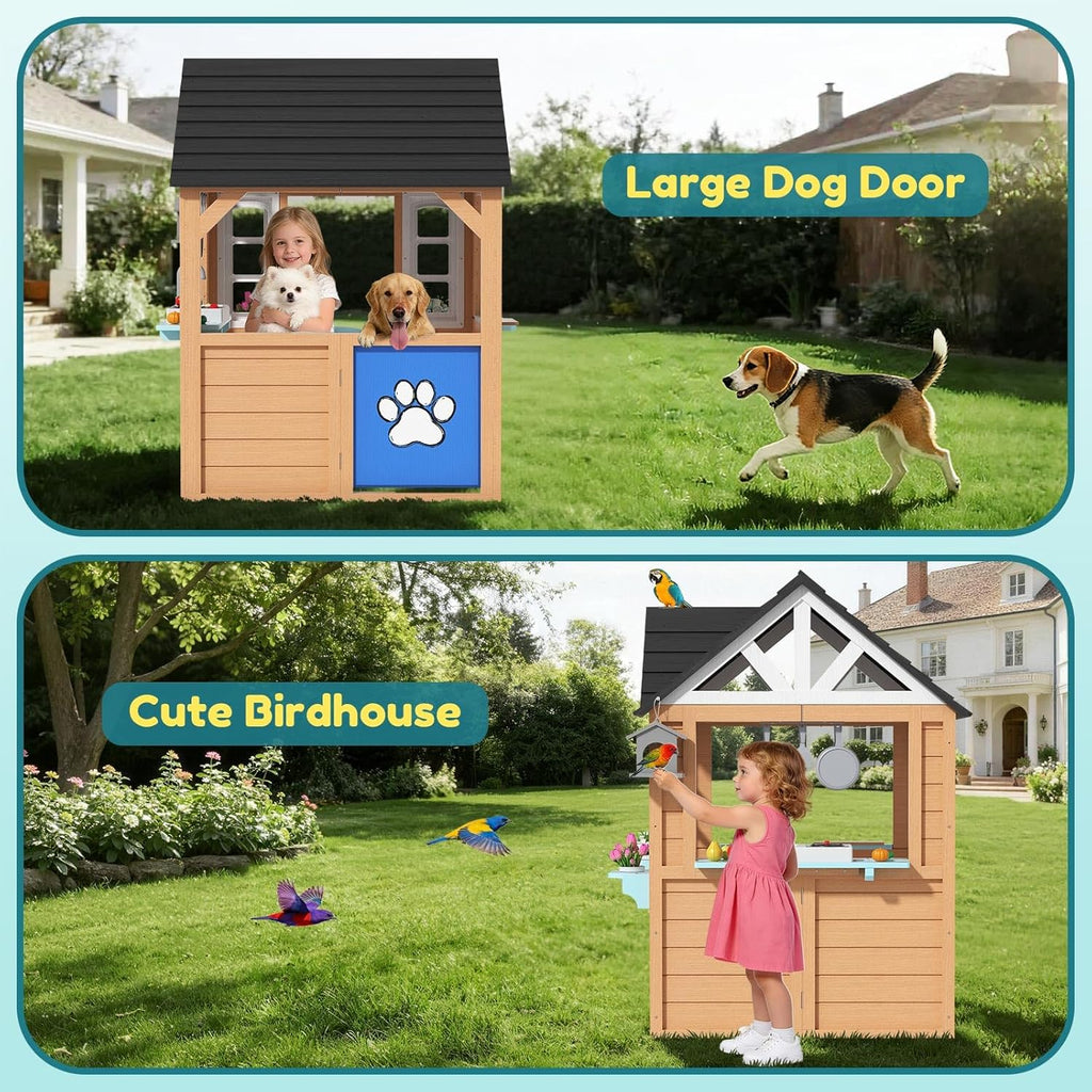 Wooden Outdoor Playhouse for Kids with Pretend Play Ages 3-8 | For Kids, Create Backyard Pretend Play with Kitchen