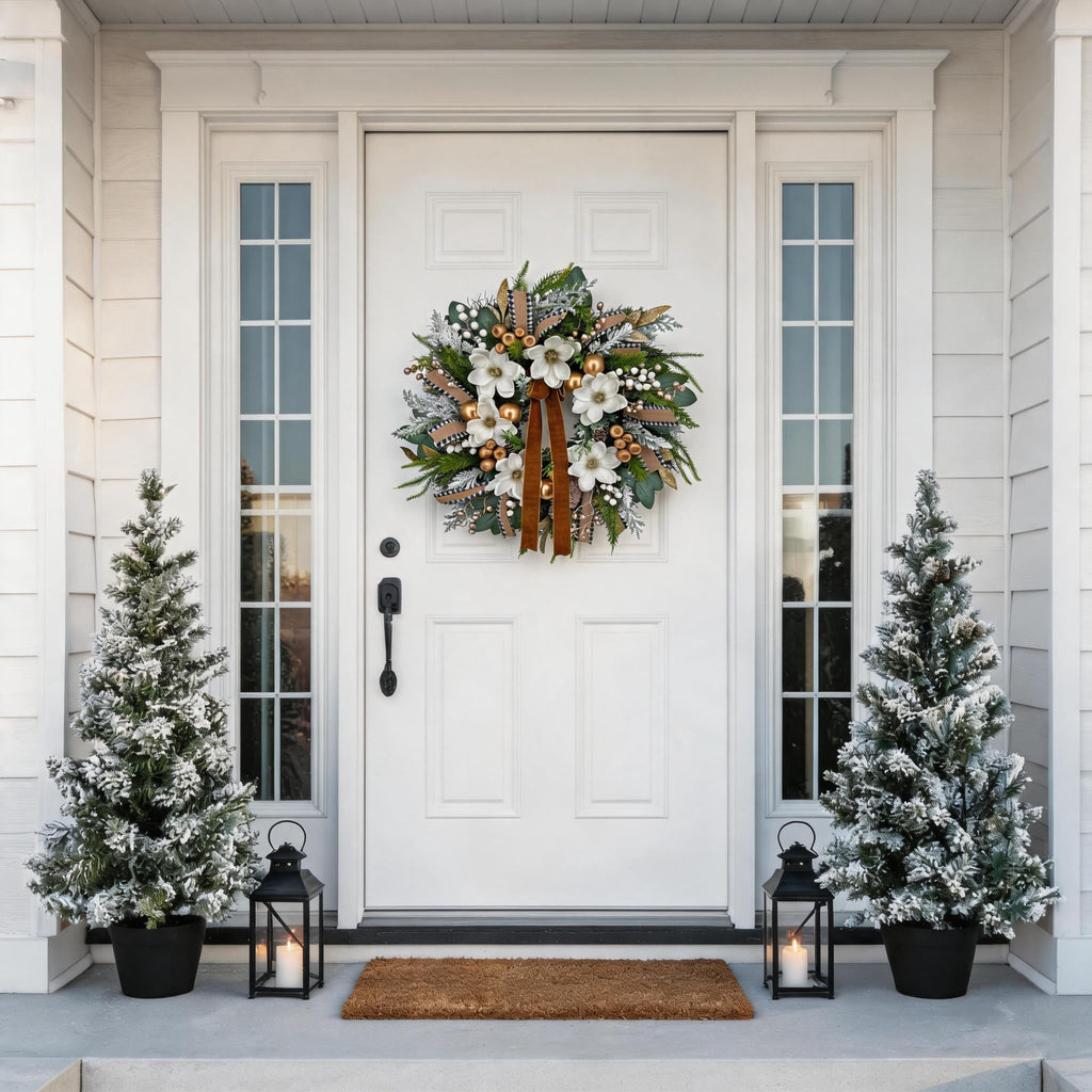24 inch Farmhouse Christmas Front Door Wreath, Winter Magnolia & Pine