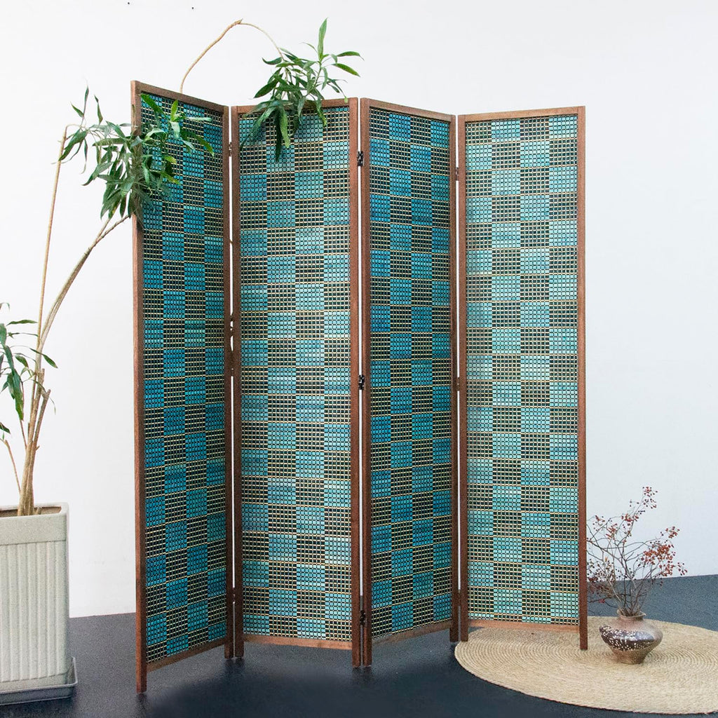 4 Panel Room Divider Screen and Folding Panel Screen, Double Sided Bamboo Divider for Room Separation, Blue Square, 67"