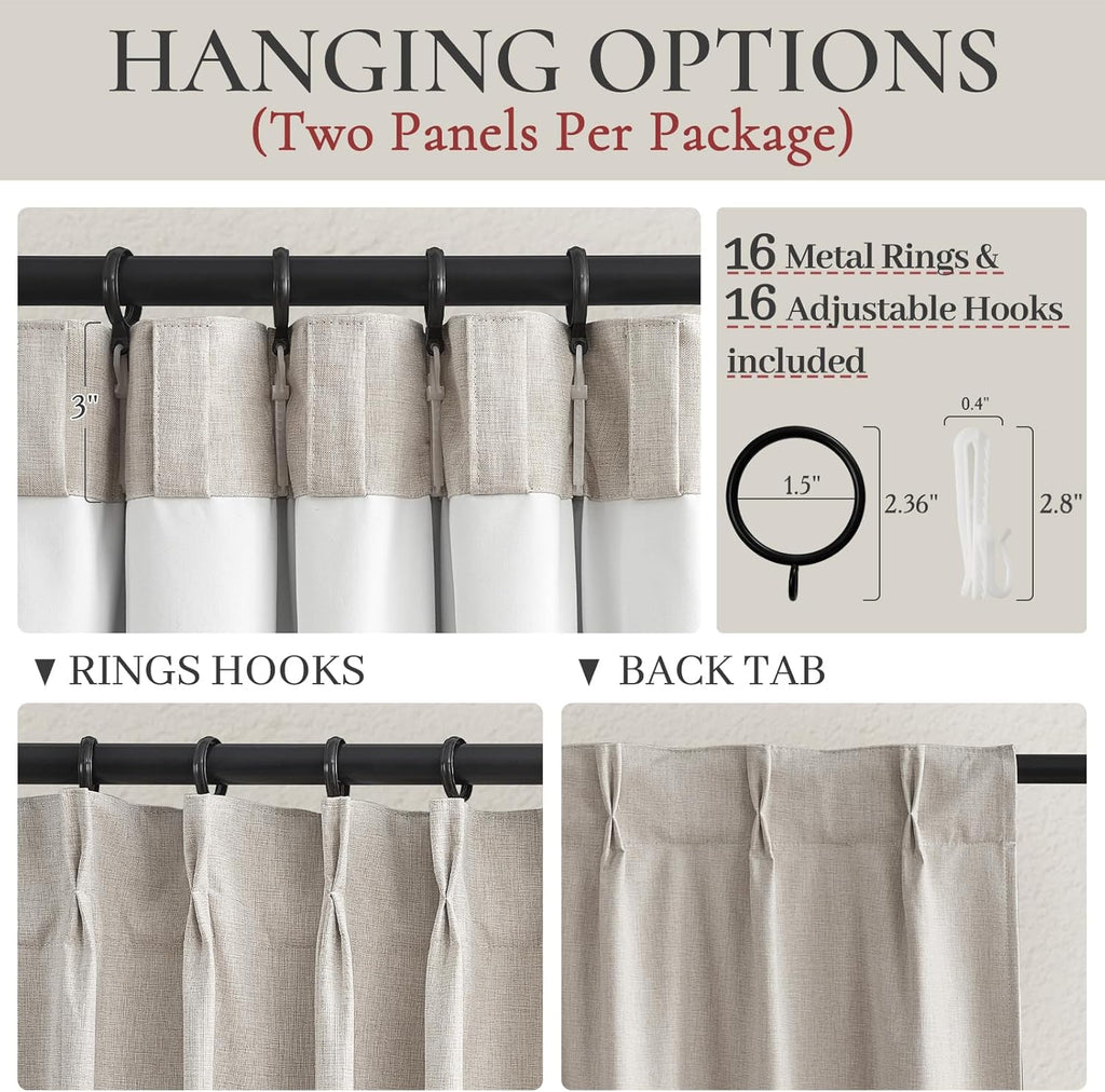 Pinch Pleated 92 Inch Curtains Blackout for Bedroom 2 Panels Set, Natural Linen Farmhouse Viral for 92-93 Inches