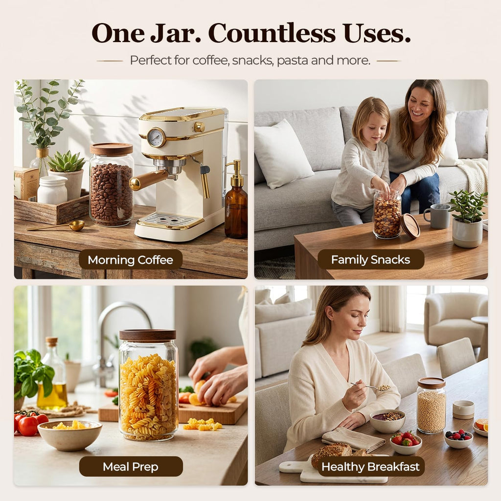 Glass Jar with Acacia Wood Lid 34oz 1Pack, Food Storage Container | 1.1Qt Canister, Oats Coffee Sugar Pasta Candy