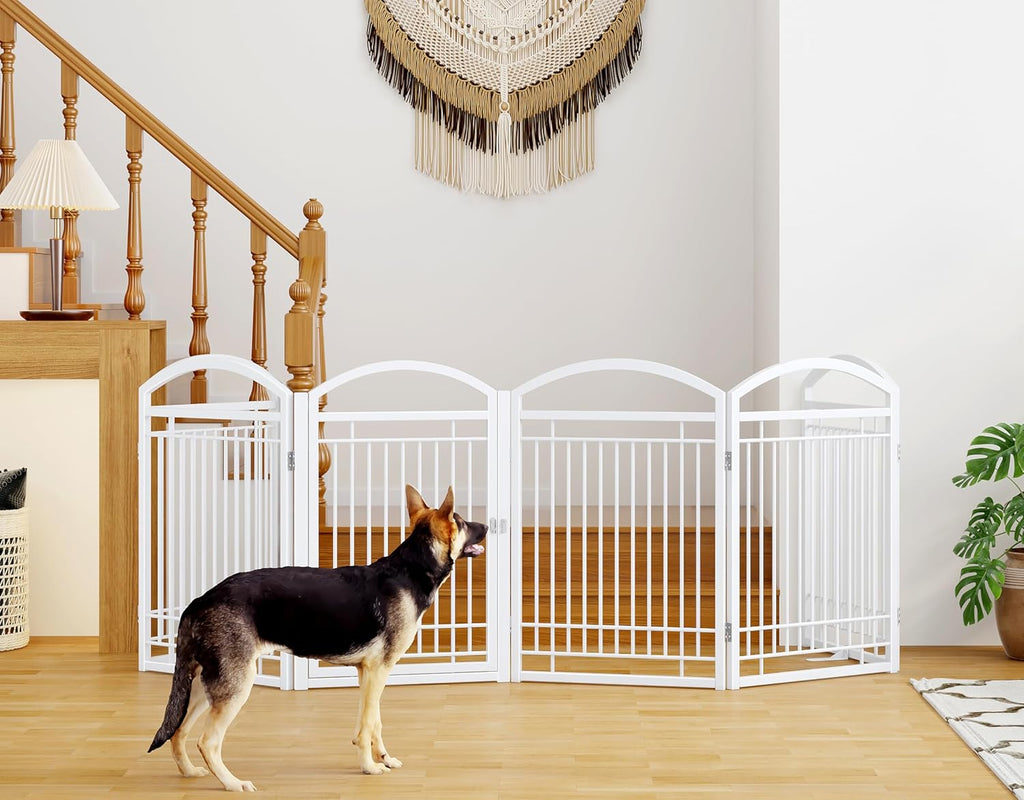 Metal Fold Dog Fence 144" Wide, 32" Tall, Gate with Door No Assembly, White