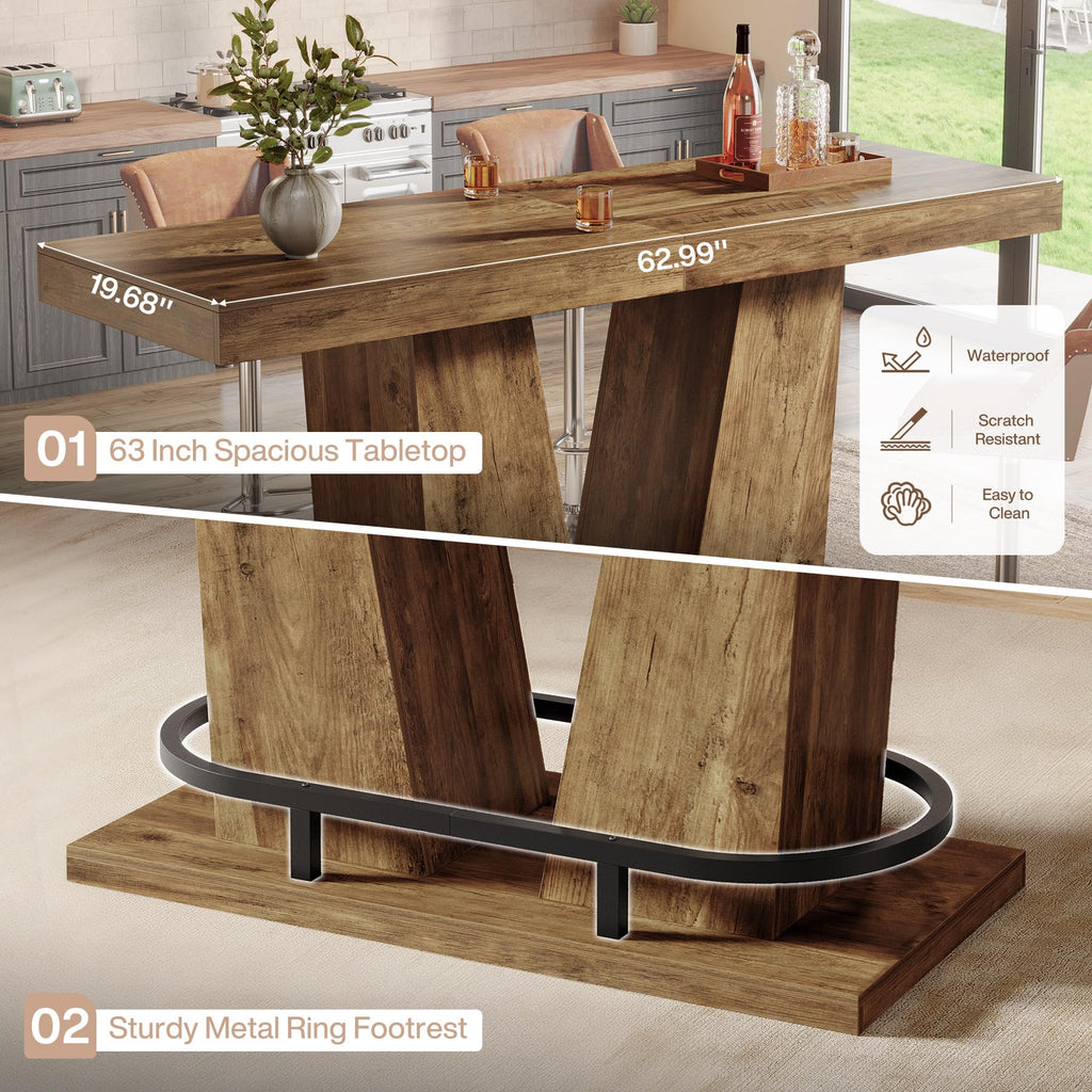 62.99" Industrial Bar Table for 4-6, Rectangle Counter Height Pub Table with Metal Footrest, Home Bar Units for Pub