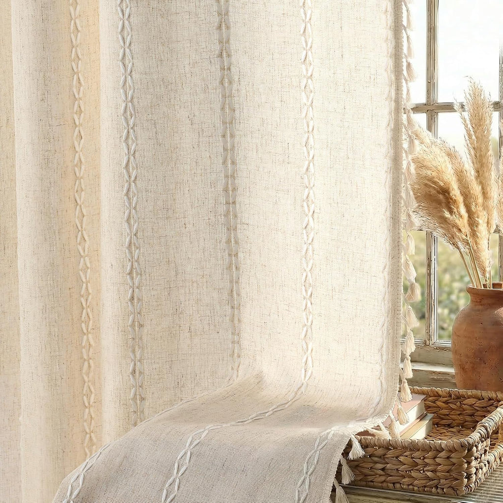 Boho Light Filtering Curtains 63 Inches Long Beige Linen Blend 2 Panels with Tassels and Cotton Embroidery, Farmhouse