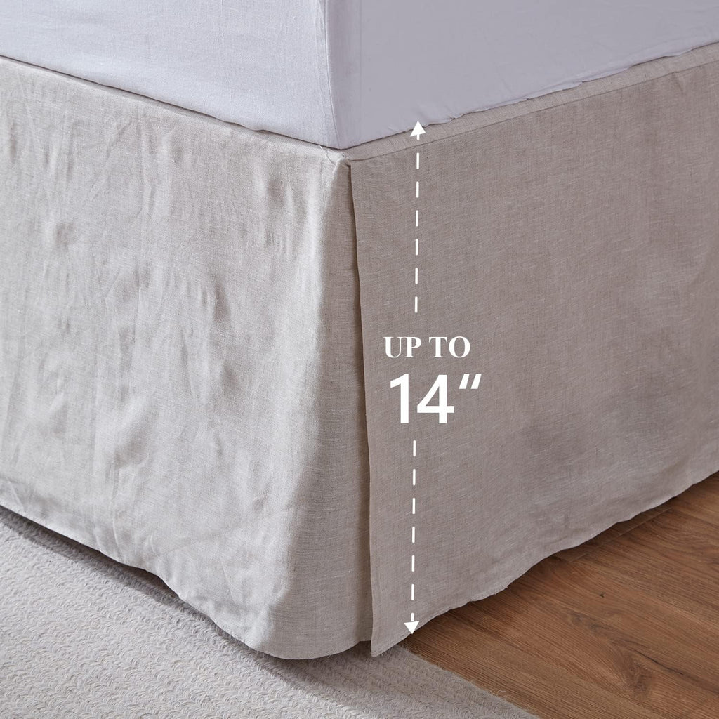 Belgian Linen Bed Skirt with Classic 14 inch Tailored Drop Dust Ruffle, Easy Fit Breathable Premium Natural Flax