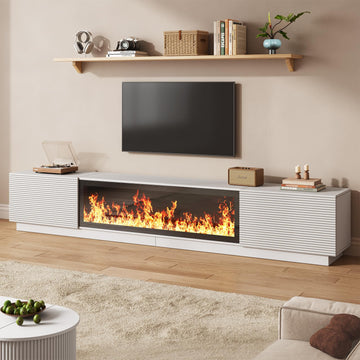 94.5" Fireplace TV Stand, Fluted TV Stands, White