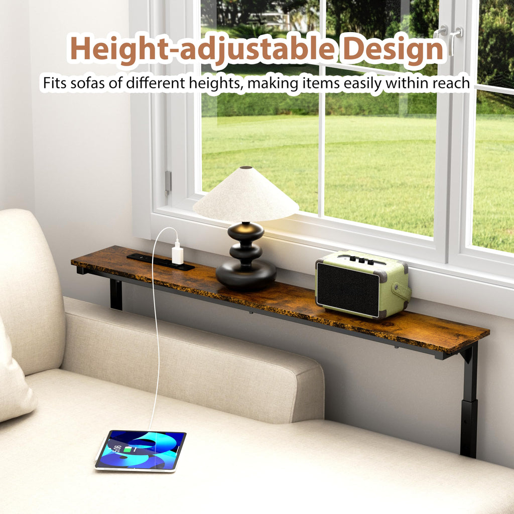 45" Adjustable Height Narrow Console Table with Power Outlets, Long Sofa Table with Charging Station Behind Couch