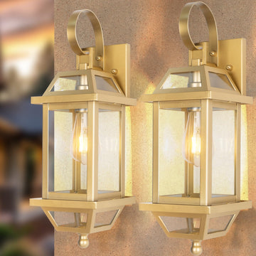 Gold Porch Light 2-Pack, Rustic Outdoor Wall Sconces with Clear Glass, 18' Enclosed Bottom Aluminum Exterior Wall