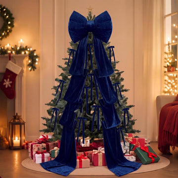 8.2ft Large Navy Blue Velvet Bow Christmas Tree Topper, 12pcs Ribbon Bows