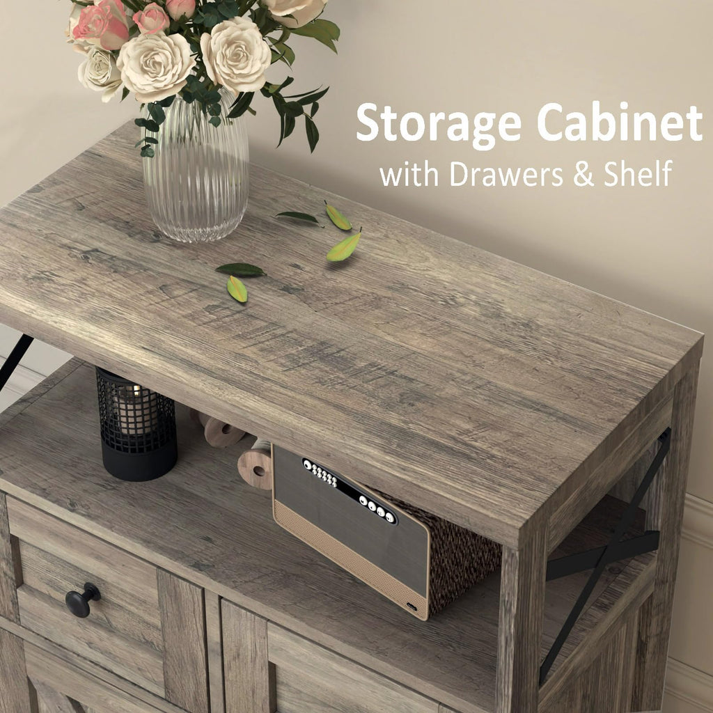 Farmhouse Storage Cabinet with Drawers and Shelf, Freestanding Kitchen Pantry Hutch, Rustic Grey